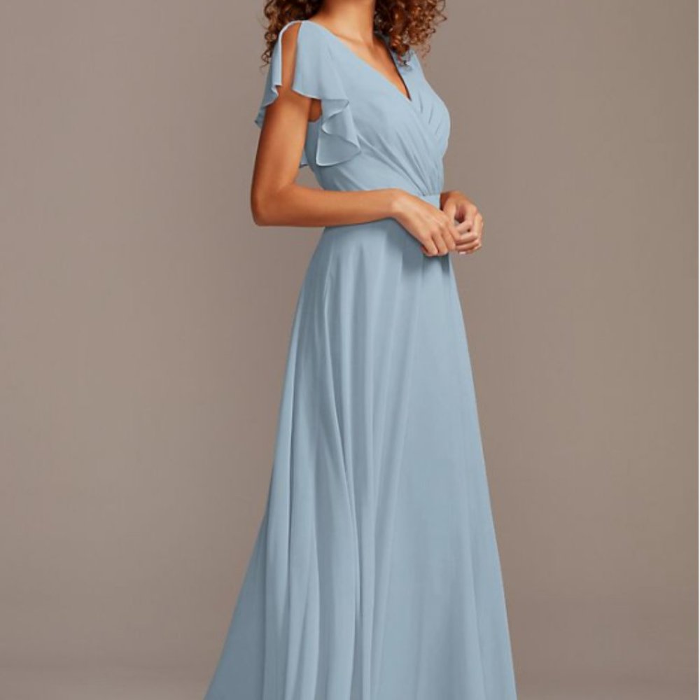David's Bridal Dusty Blue Flutter Sleeve Dress